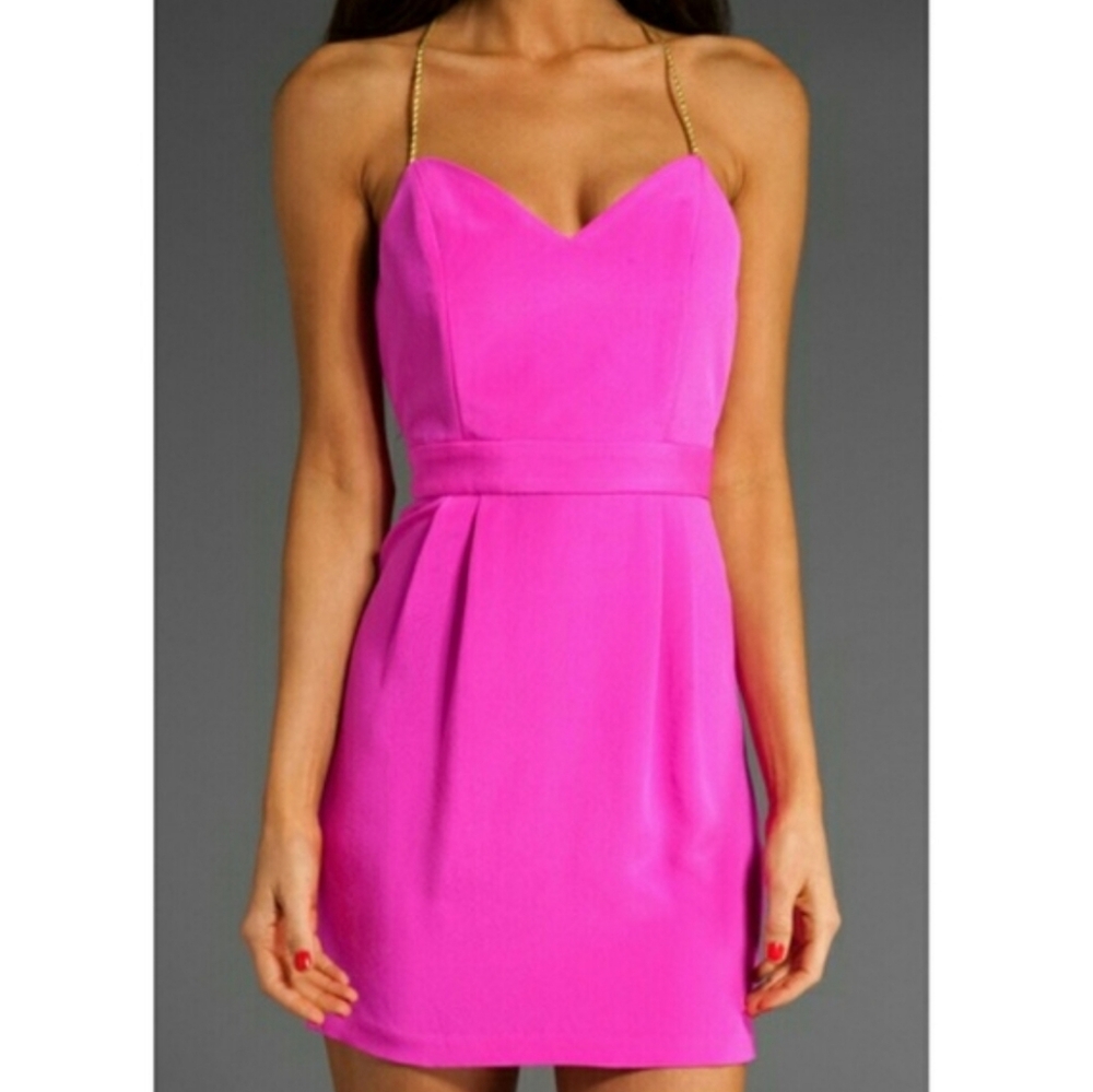 Naven Heartthrob Mini Circle Dress Pop Pink 100% silk Gold Straps